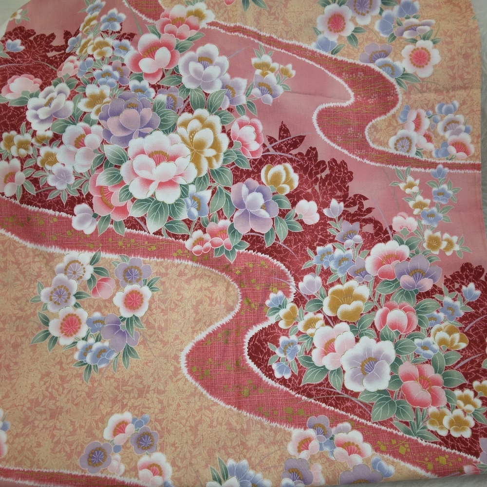 FABRIC Peach and Rose Floral Ribbon Banner with gold Metallic highlights